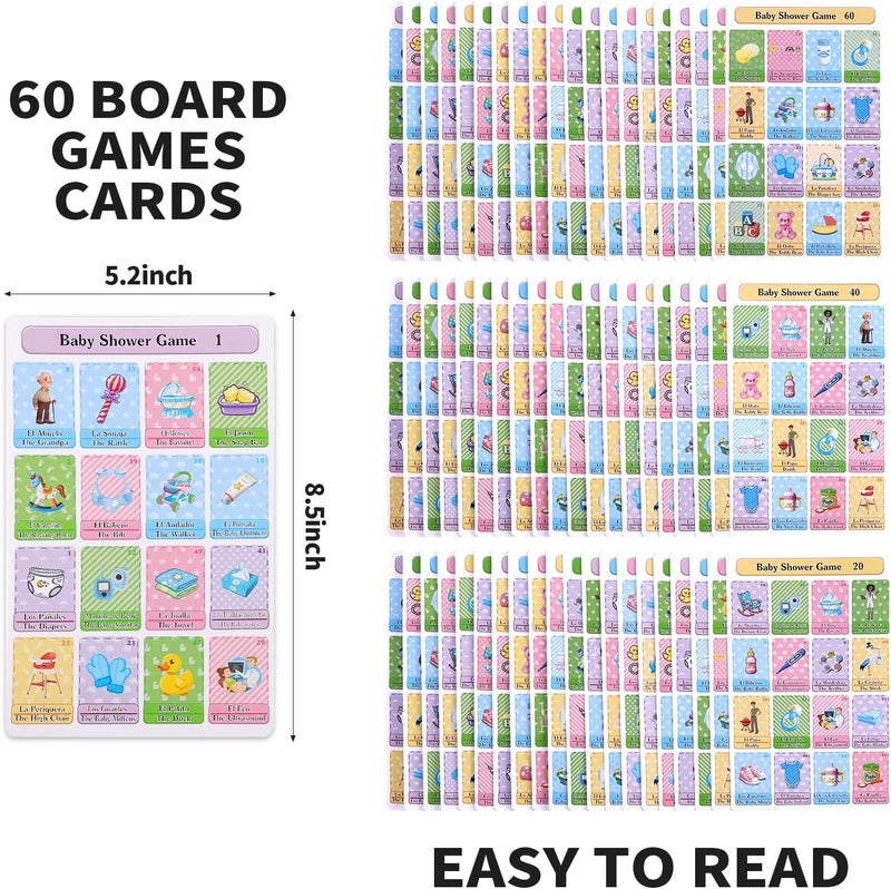 Ambercalm Baby Shower Games in Spanish English for 60 Players,Mexican Bingo Juegos para Baby Shower en Español for Party,Funny Spanish Bingo Card Games - Image 2